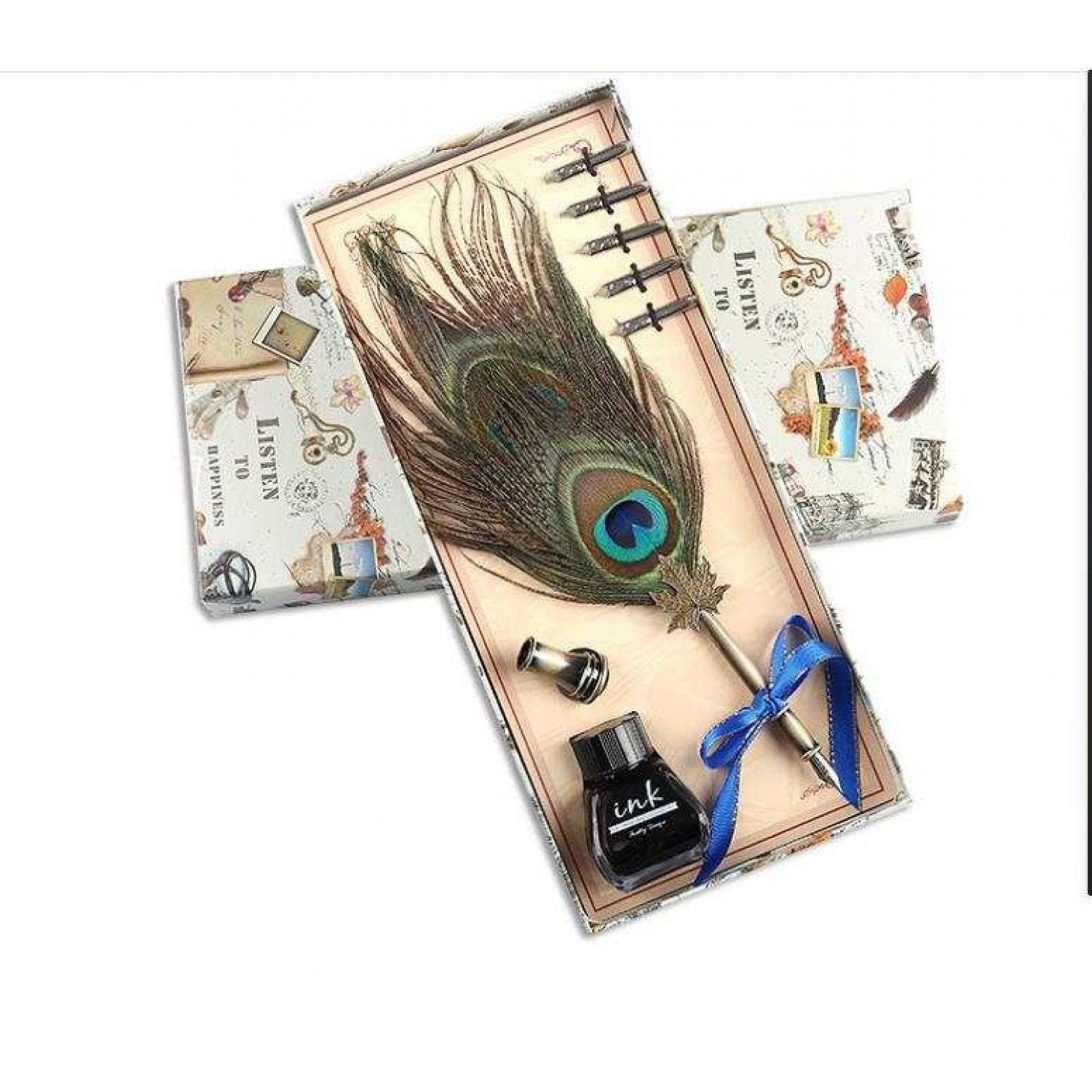 Set caligrafie cu peniță și pană de păun-Protective Eye - Adda Gifts 