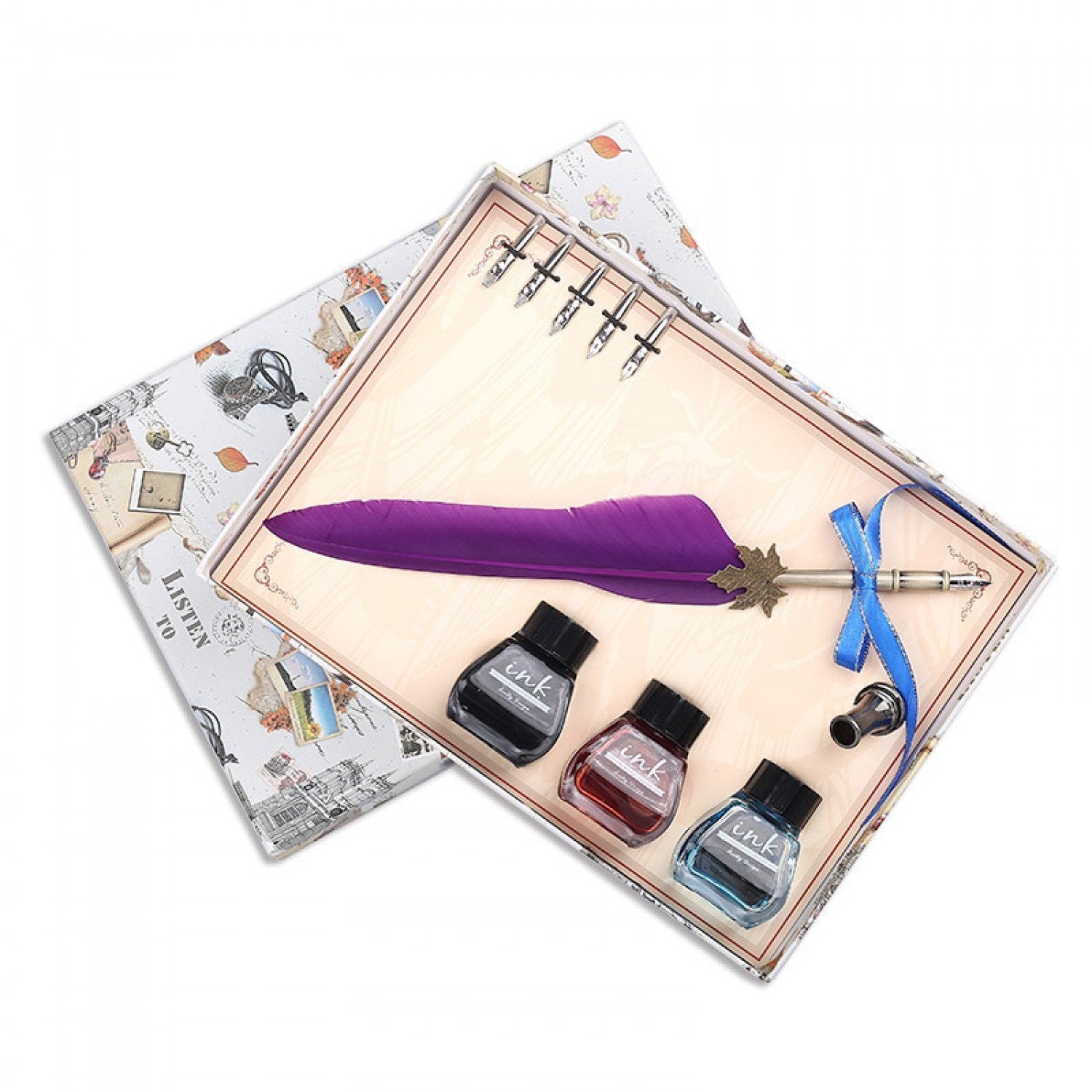 Set caligrafie cu peniță și pană de gâscă mov-Royal Trio - Adda Gifts 