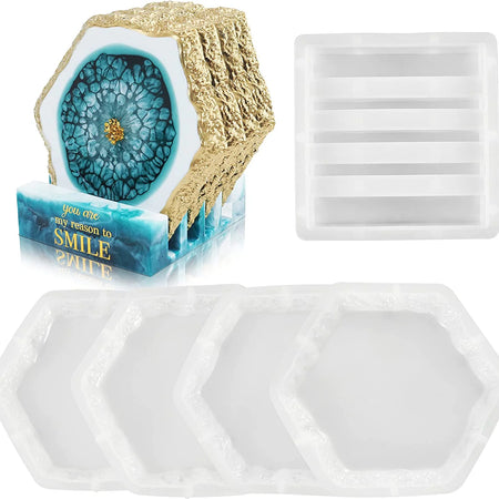 Matrita din silicon - Set 5 piese suport pentru pahare cu margine neregulata geoda- Hexagon