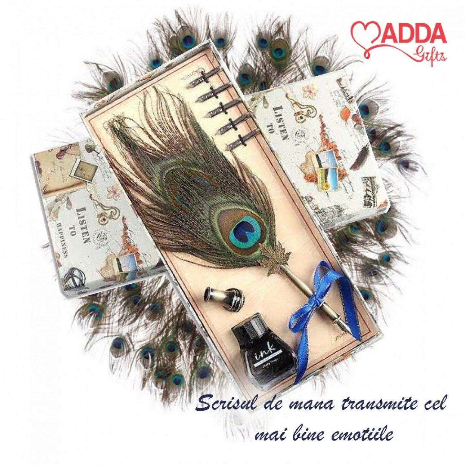 Set caligrafie cu peniță și pană de păun-Protective Eye - Adda Gifts 