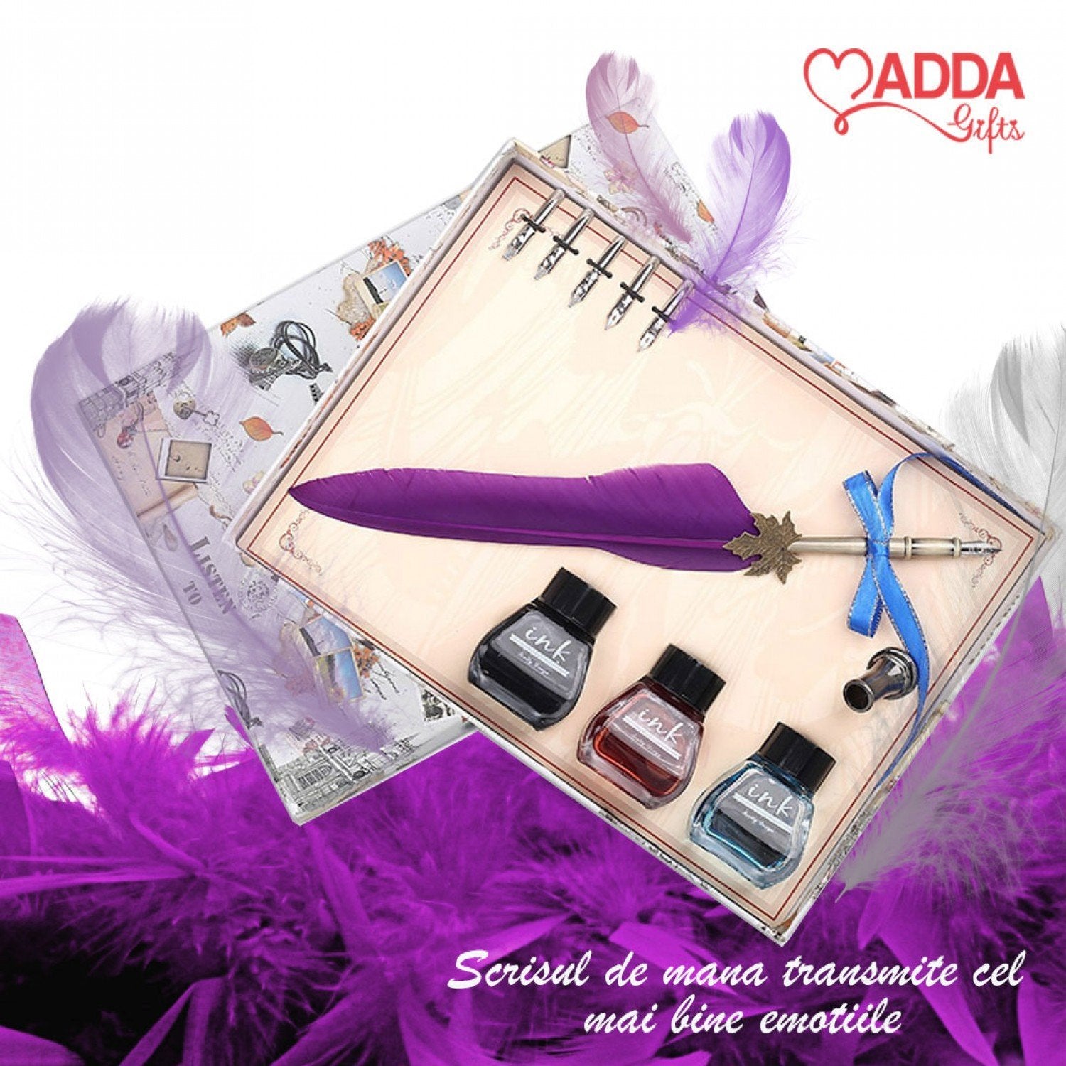 Set caligrafie cu peniță și pană de gâscă mov-Royal Trio - Adda Gifts 